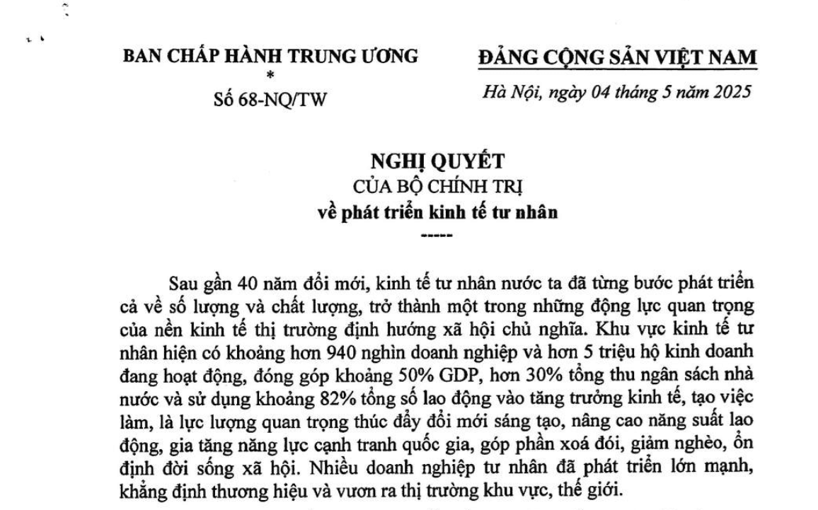 Nghị quyết số 68-NQ/TW của Bộ Chính trị về phát triển kinh tế tư nhân